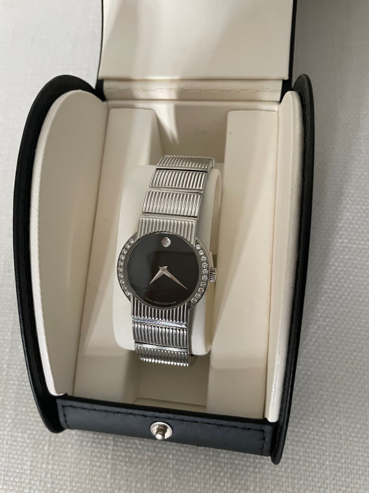 Movado Women’s Watch in Sliver with Black face and Diamonds