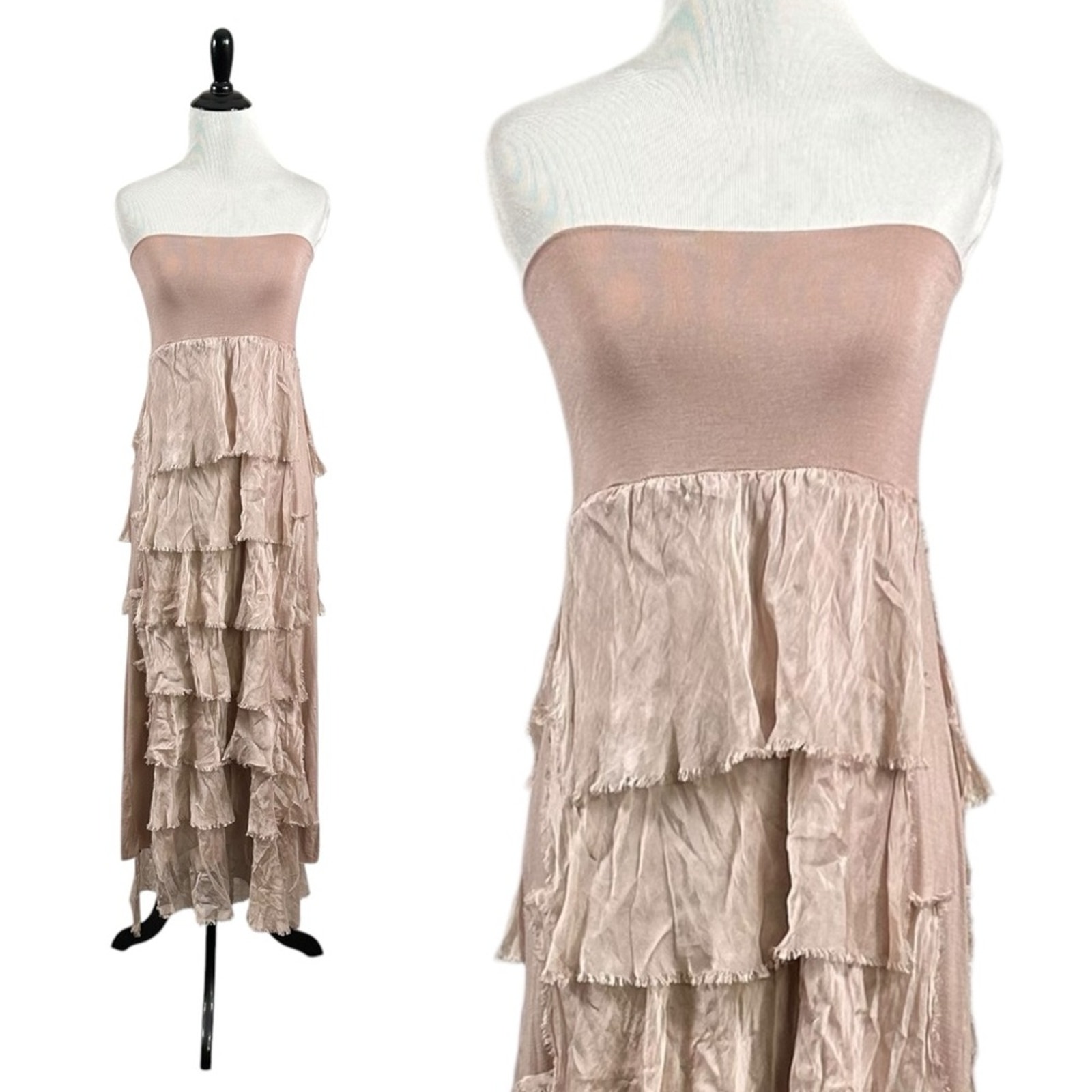 Meo Meli Italian Silk Fairy Flutter Tiered Midi Dress Nude Blush Small Medium