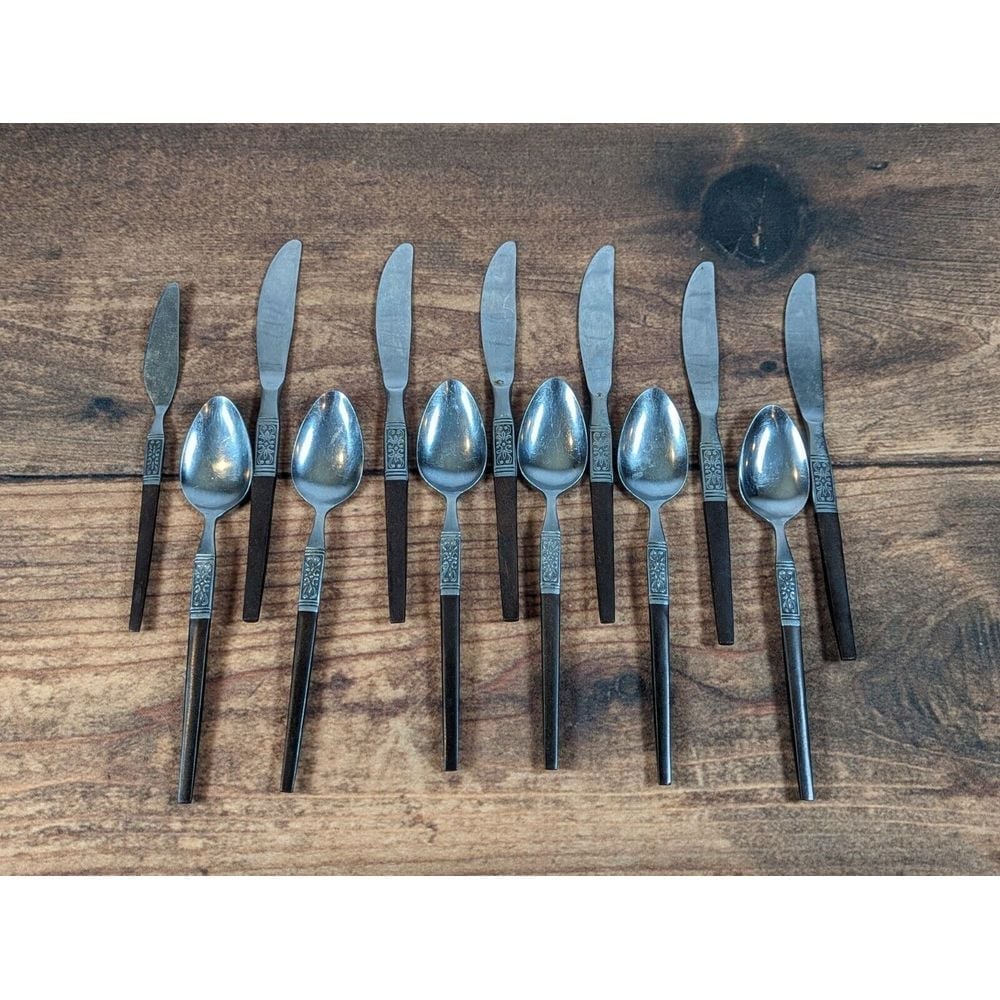 Lot 13 Interpur Stainless and Wood Japan Canoe 6 Spoons 7 Knives