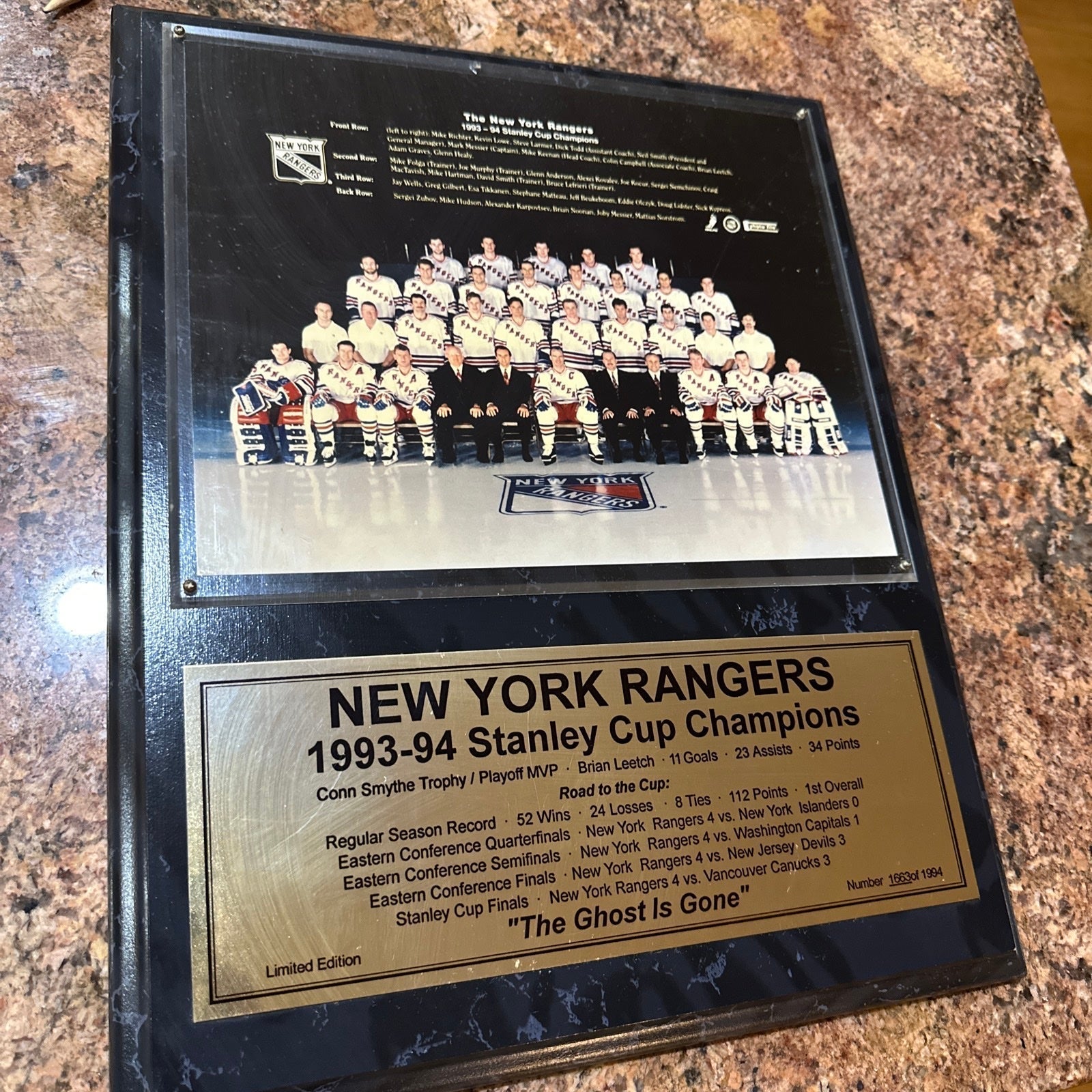 NY Rangers 93-94 Stanley Cup Plaque Limited Edition! “The Ghost is Gone”