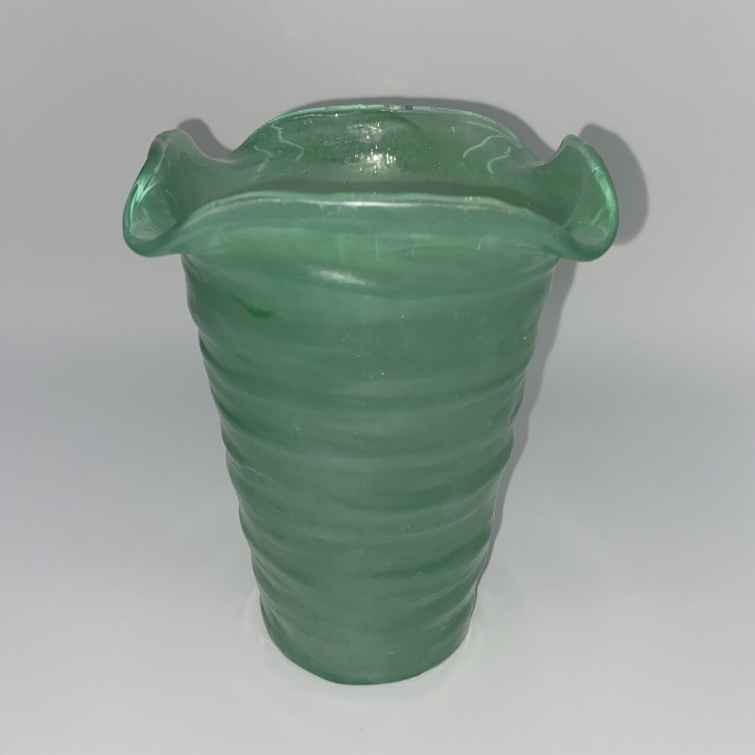 Glass Vase Handblown Transparent Sea Green Fluted For Flowers/Decor Use
