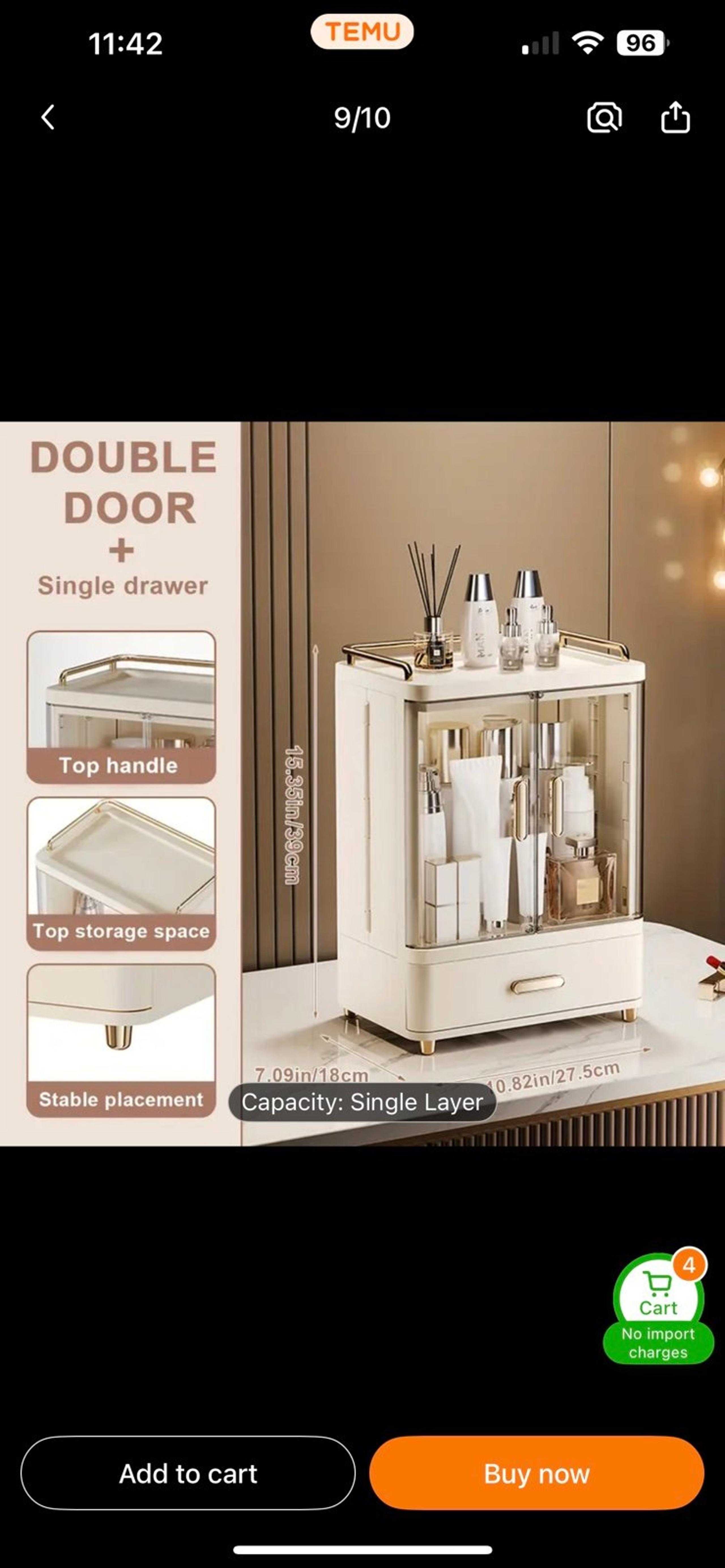 Beige double door cosmetic organizer 1 drawer