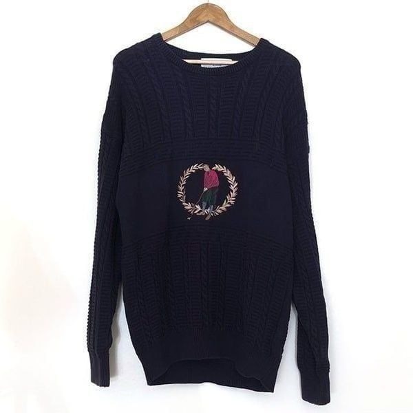 Vintage Pringle of Scotland Golf Scene Embroidery Blue Cable Knit Sweater Large