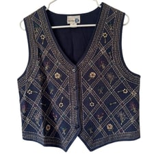 Paul Harris Vintage Flower Embroidery Corduroy Button closure Navy Blue Vest S