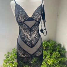 Mapale NWT set black chemise slip lace Baby doll with g-string panties Sz M/L .