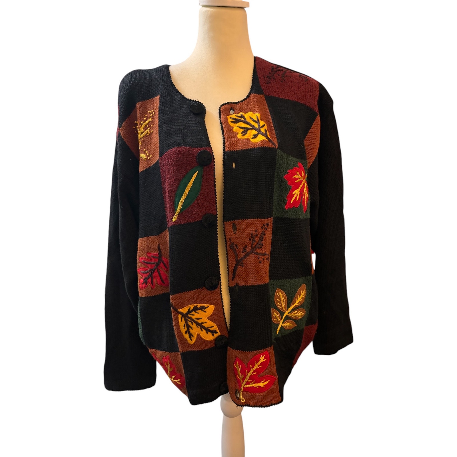 Victoria Harbour Crochet Autumn Leaves & Black Button Down Sweater Size L