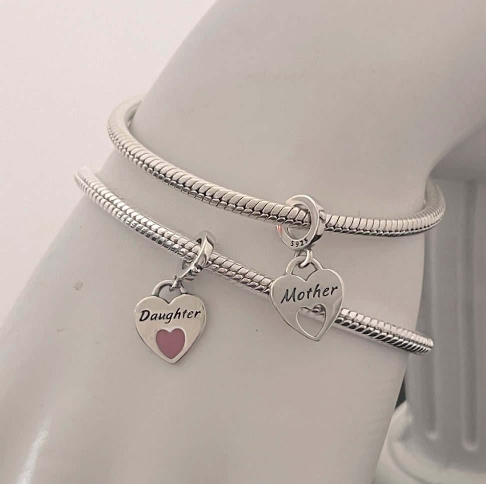 2 Linx Snake Charm Bracelets with Mother and Daughter Heart Dangle Charms