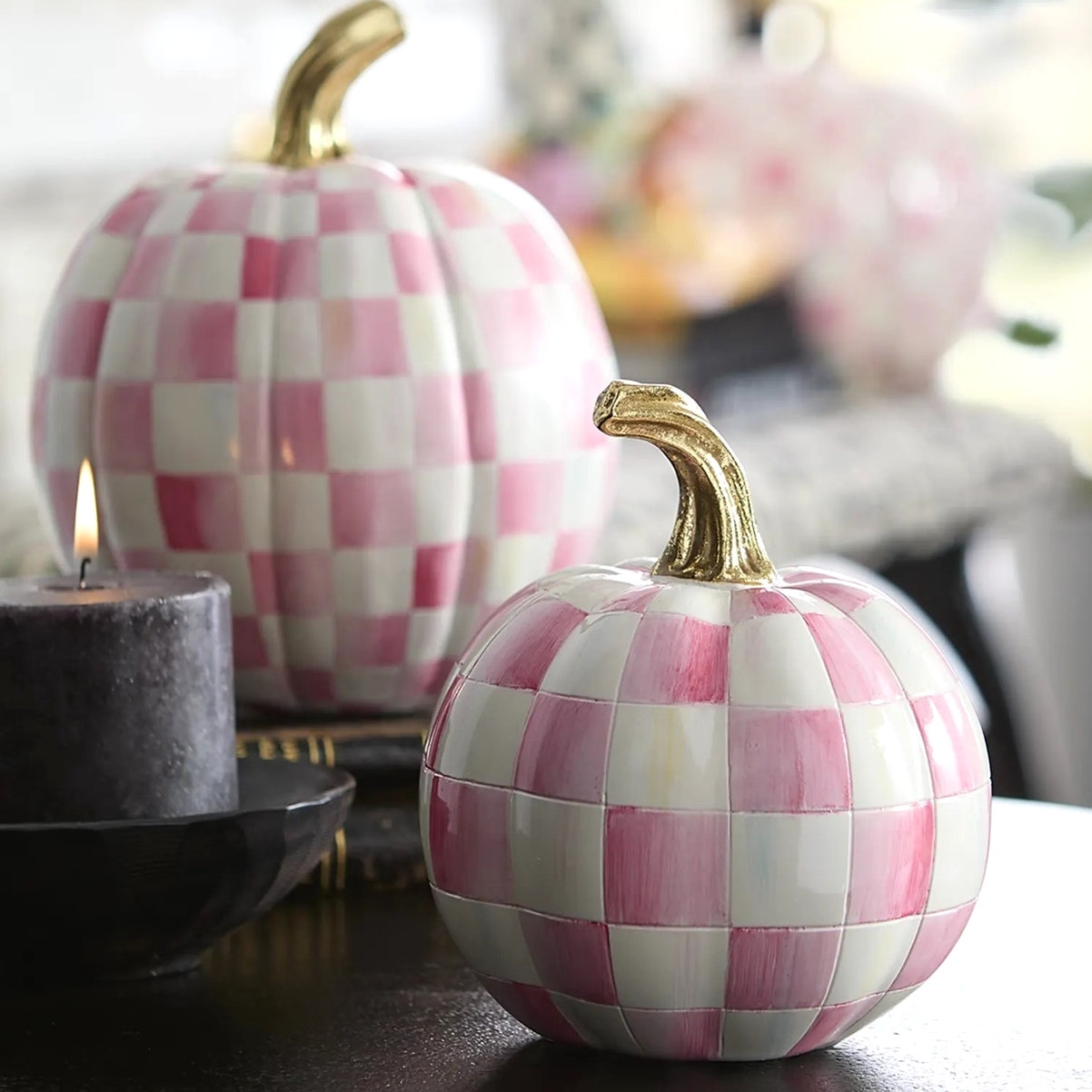 Brand New MacKenzie-Childs Bubblegum Pink Check Mini Pumpkin