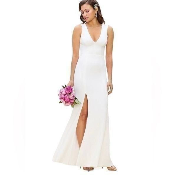 NEW Dress the Population Iris Slit Crepe Gown in White | Size XS