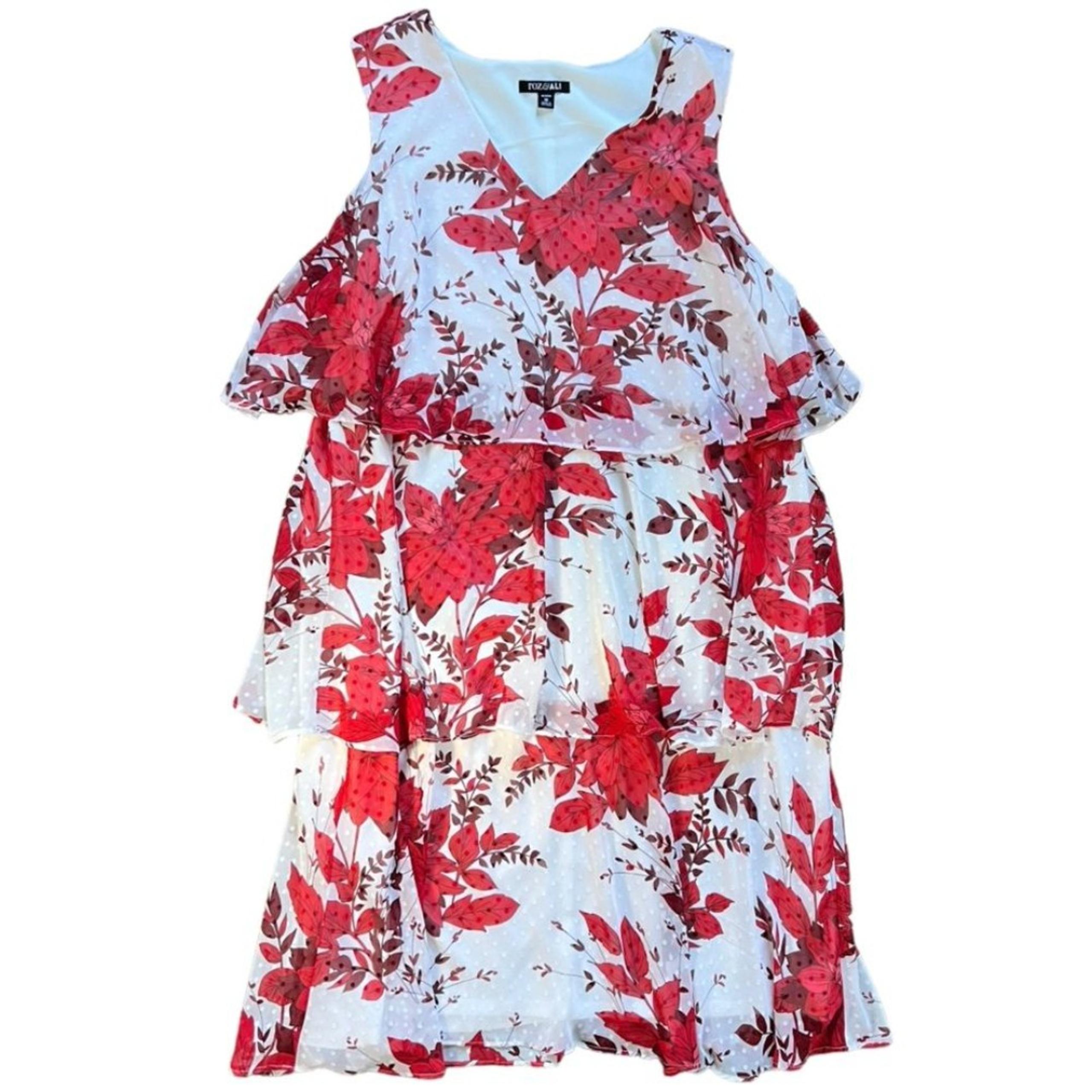 Roz & Ali Swiss Dot Chiffon Knee-Length Sleeveless Dress Red White Floral sz 18