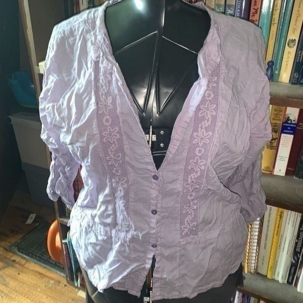 Johnny Was lilac lace inlaid button down boho romantic M blouse