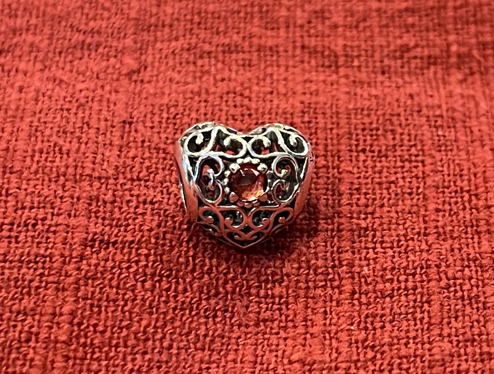 Authentic PANDORA Openwork Heart Birthstone Garnet Charm, 925 ALE, *Retired