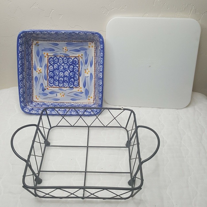 2.0 QT 3pc Temptations Old World Blue Square 8.5 Casserole Baking Dish Rack Lid