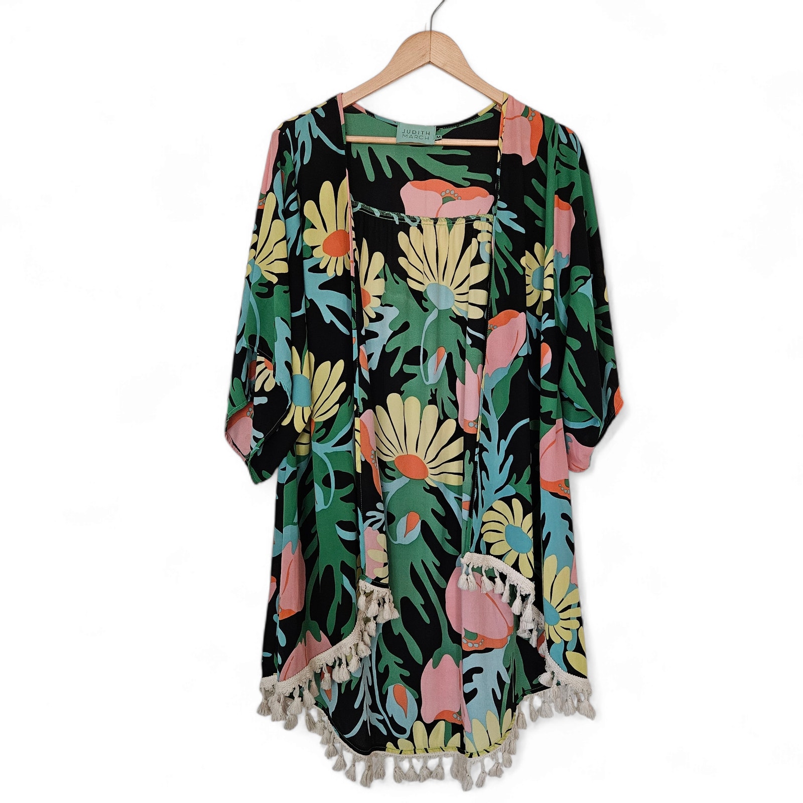 Judith March Women's Daisy Floral Tassel Fringe Boho 70s Kaftan Cover-up Size M