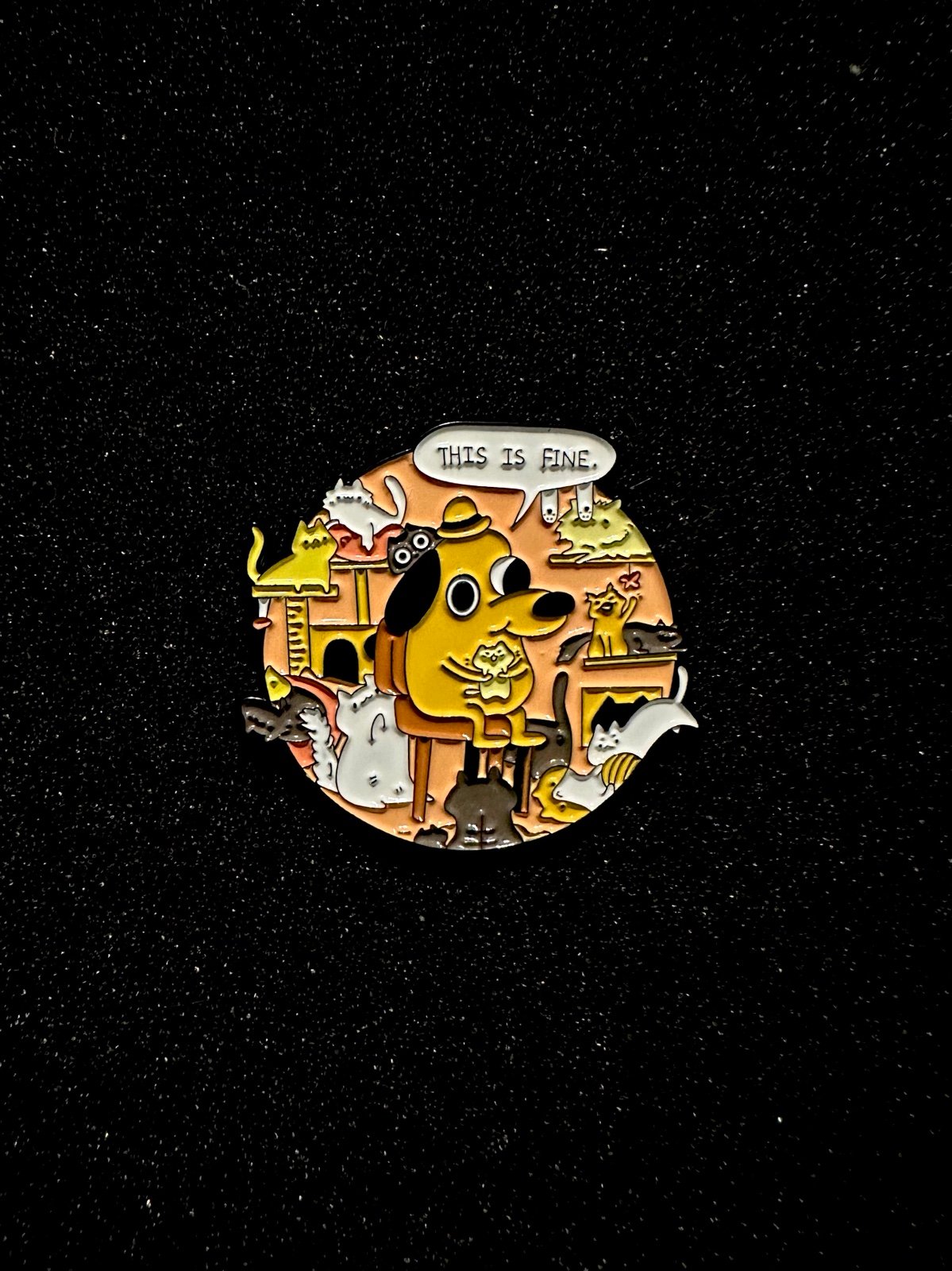 “THIS IS FINE.” Dog Surrounded by Fire Meme Replaced with Kitty Cats Funny Pin