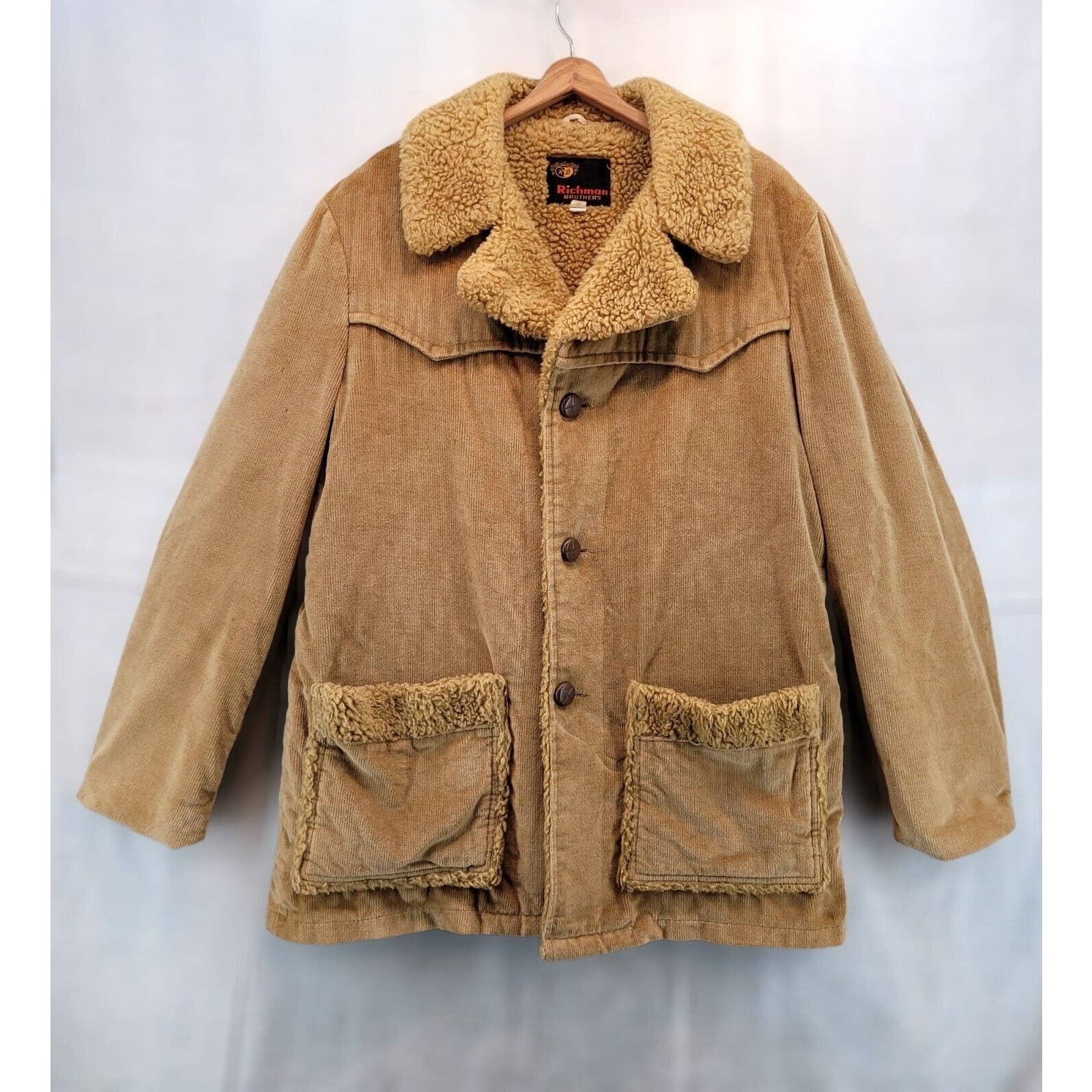 Richman Brothers Corduroy Jacket Sz 42 Long Tan Brown Sherpa Collar Lined Vtg