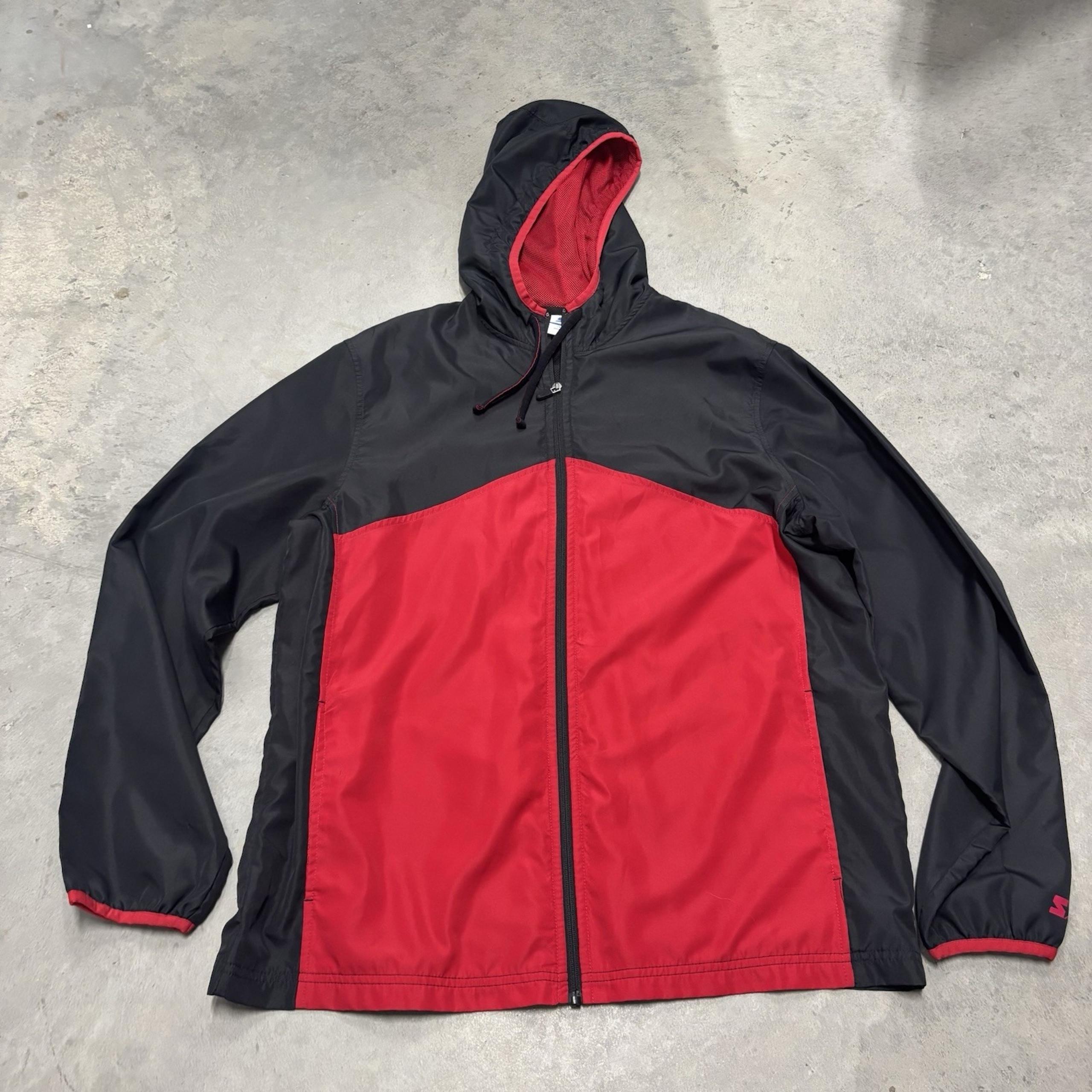 Y2K Starter Athletic Mens Full Zip Windbreaker Jacket Sz L Black/ Red Hooded