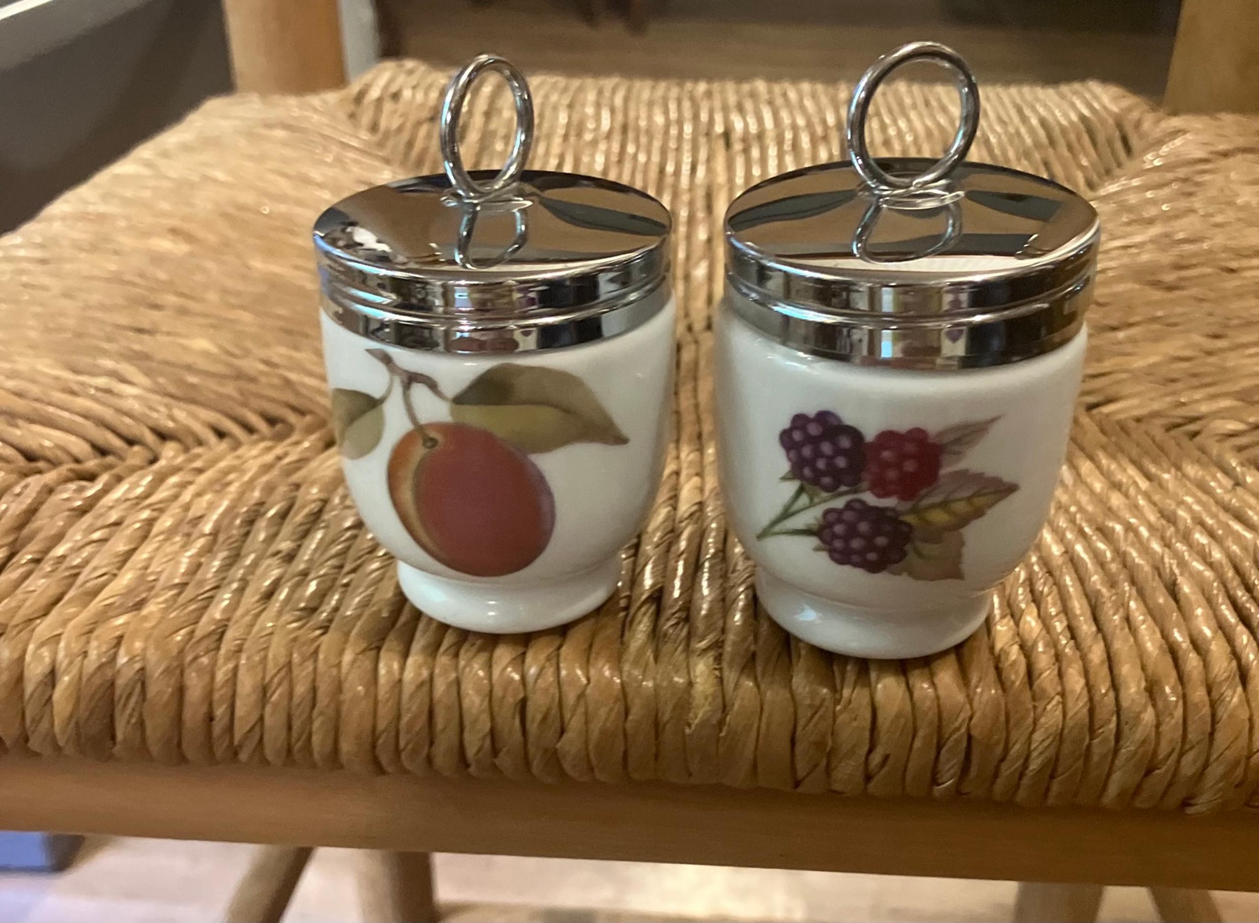Royal Worcester Set of 2 Vintage Porcelain Egg Coddler Cup Peach Berries England