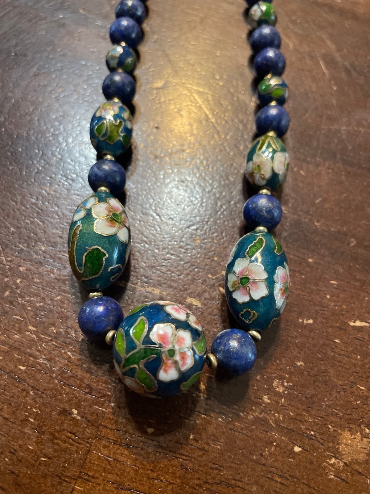 585 gold, lapis azule stones and blue cloisonné beads, 14k beads.