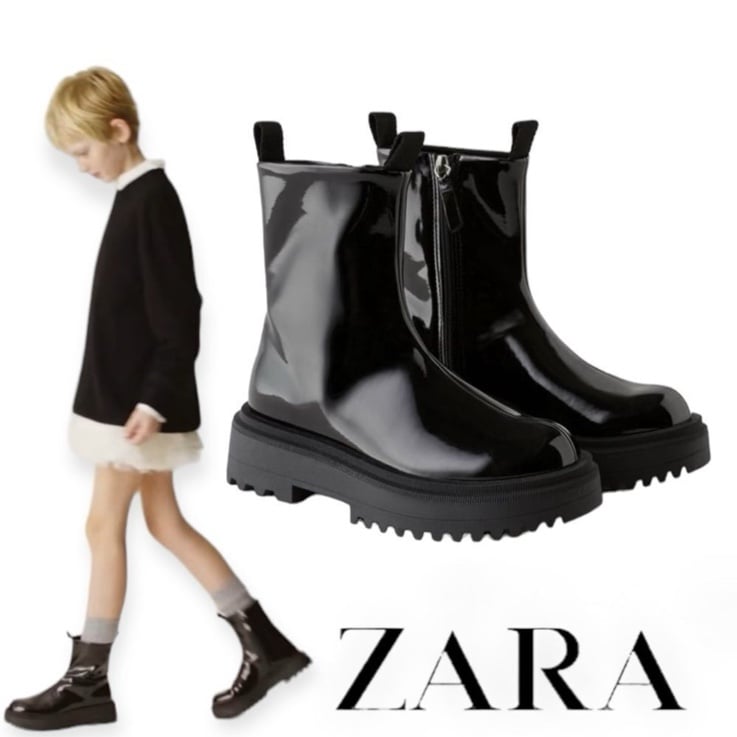 (4y) ZARA Kids | Black | FAUX PATENT LEATHER STRETCH ANKLE BOOTS 2121/231