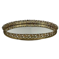 Vintage Oval Vanity Tray Gold Gilt Metal Filigree Mirror Hollywood Regency 1950s