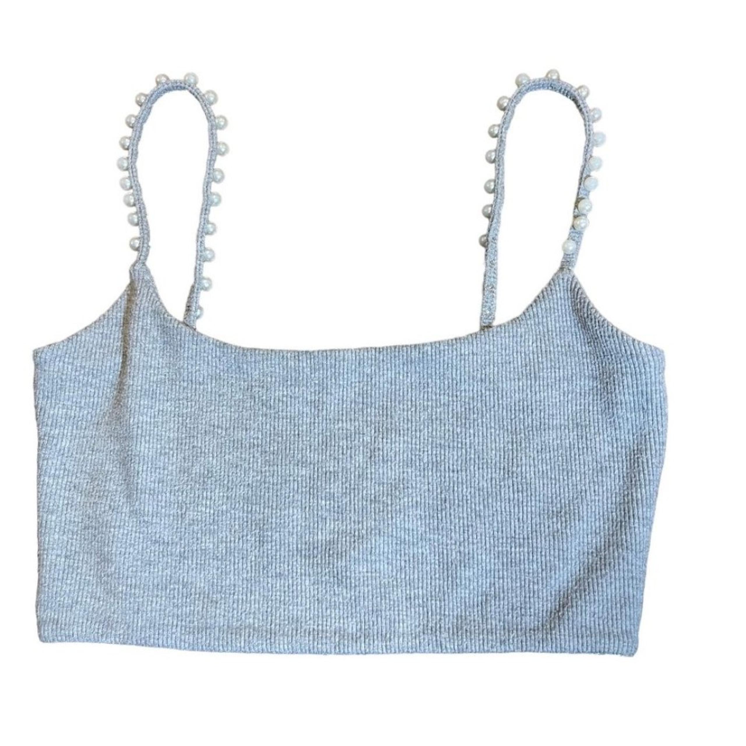 Zara Grey Crop Top Pearl Adorned Spaghetti Straps, size Medium