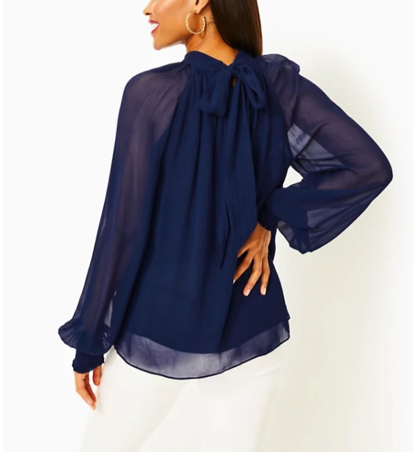LILLY PULITZER ELLIELYNN SHEER LONG SLEEVE LOW TIDE NAVY BLOUSE TOP SZ 12 158