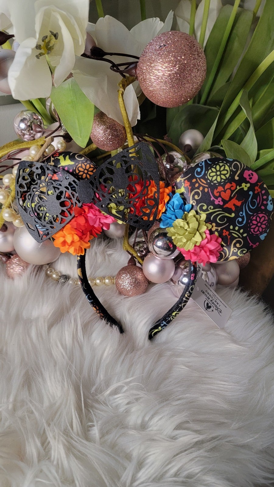 Disney Parks New Minnie Ears Black Floral Coco Dia de Los Muertos Lace Headband