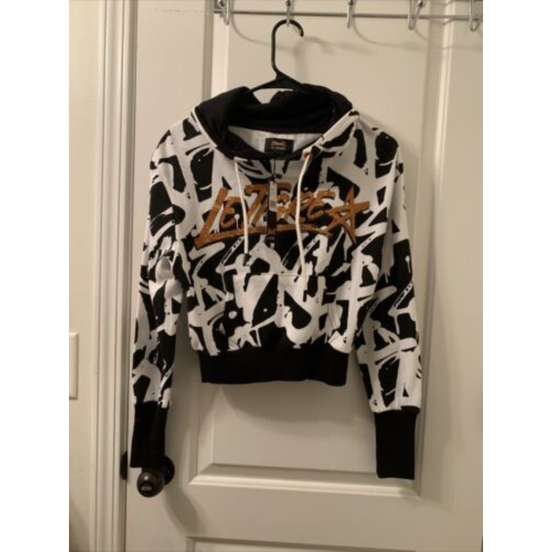Le Tigre Printed White Black Orange Glitter Crop Pullover Hoodie Size M