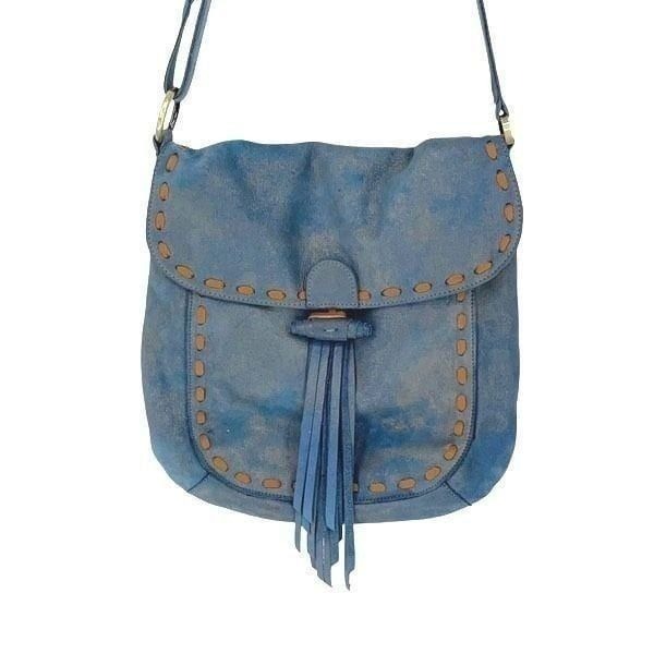 Carla Mancini Womens Flap Fringe Boho Leather Crossbody Bag Blue Medium