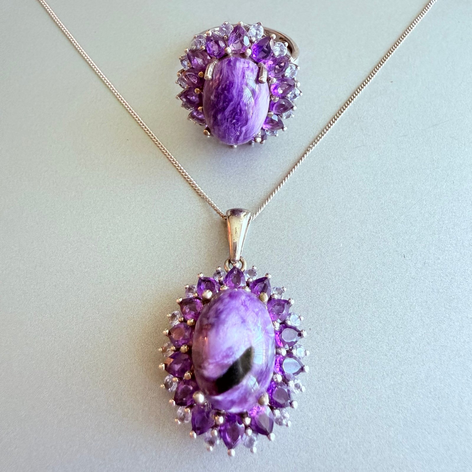 Charoite Marble Amethyst Gemstone Pendant Sterling Silver Necklace & Ring Set