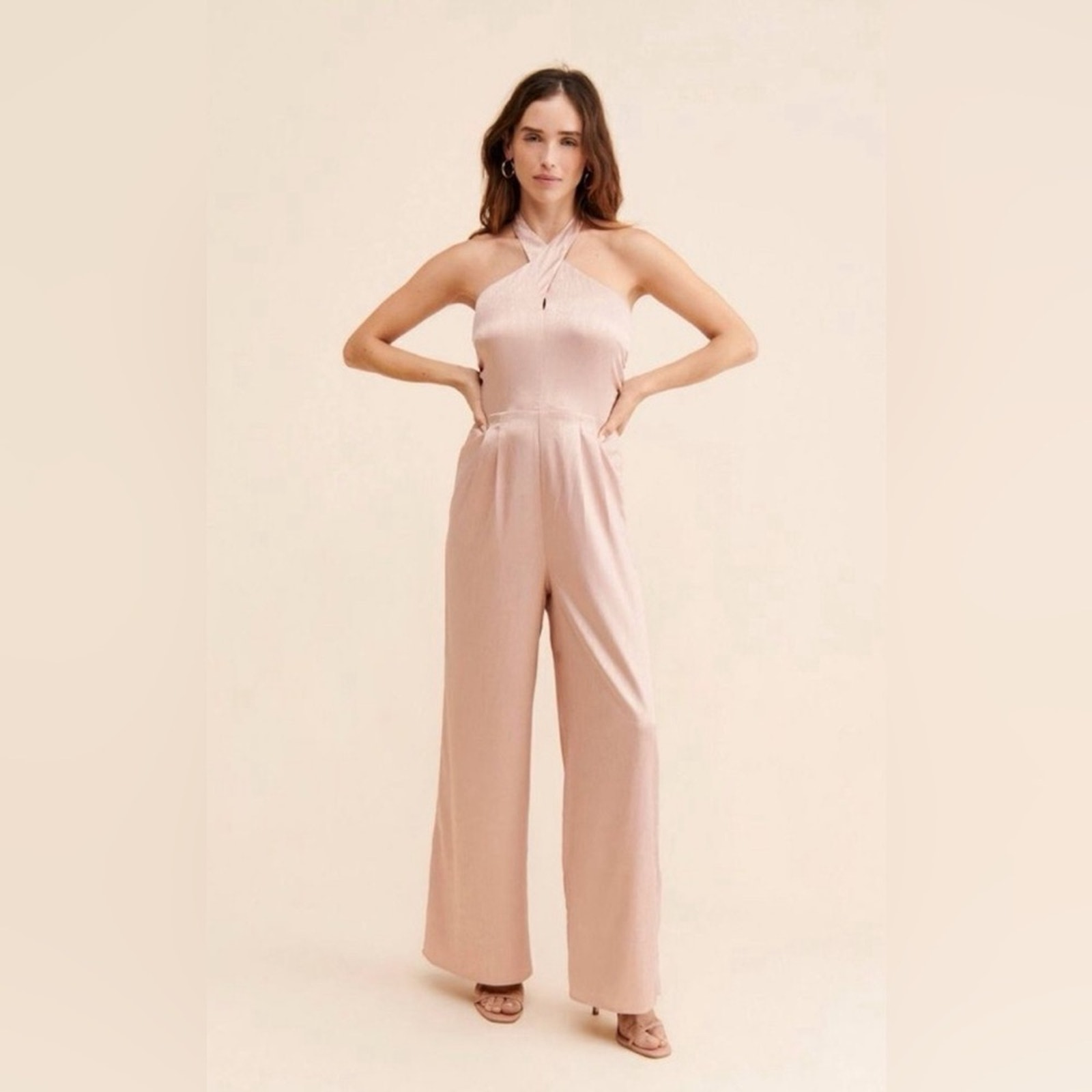 Du Paradis Anthropologie Cross-Neck Satin Jumpsuit Pink Size S NWT