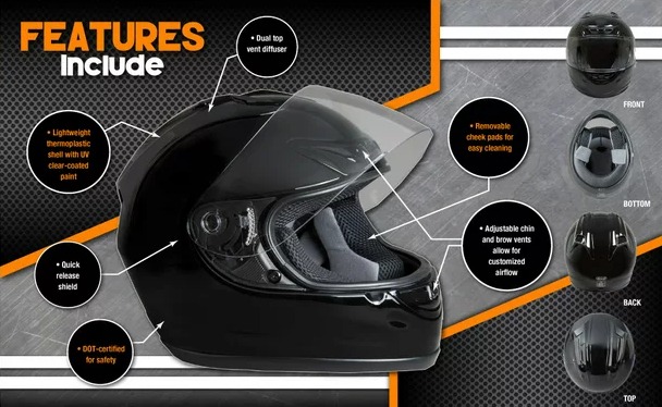 FUEL Adult Full-Face Motorcycle Helmet DOT Approved Gloss Black, Large