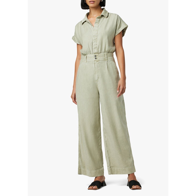 Joe's Lexi Jumpsuit Pale Green Button Front Placket Short Sleeve Wide Leg Sz S