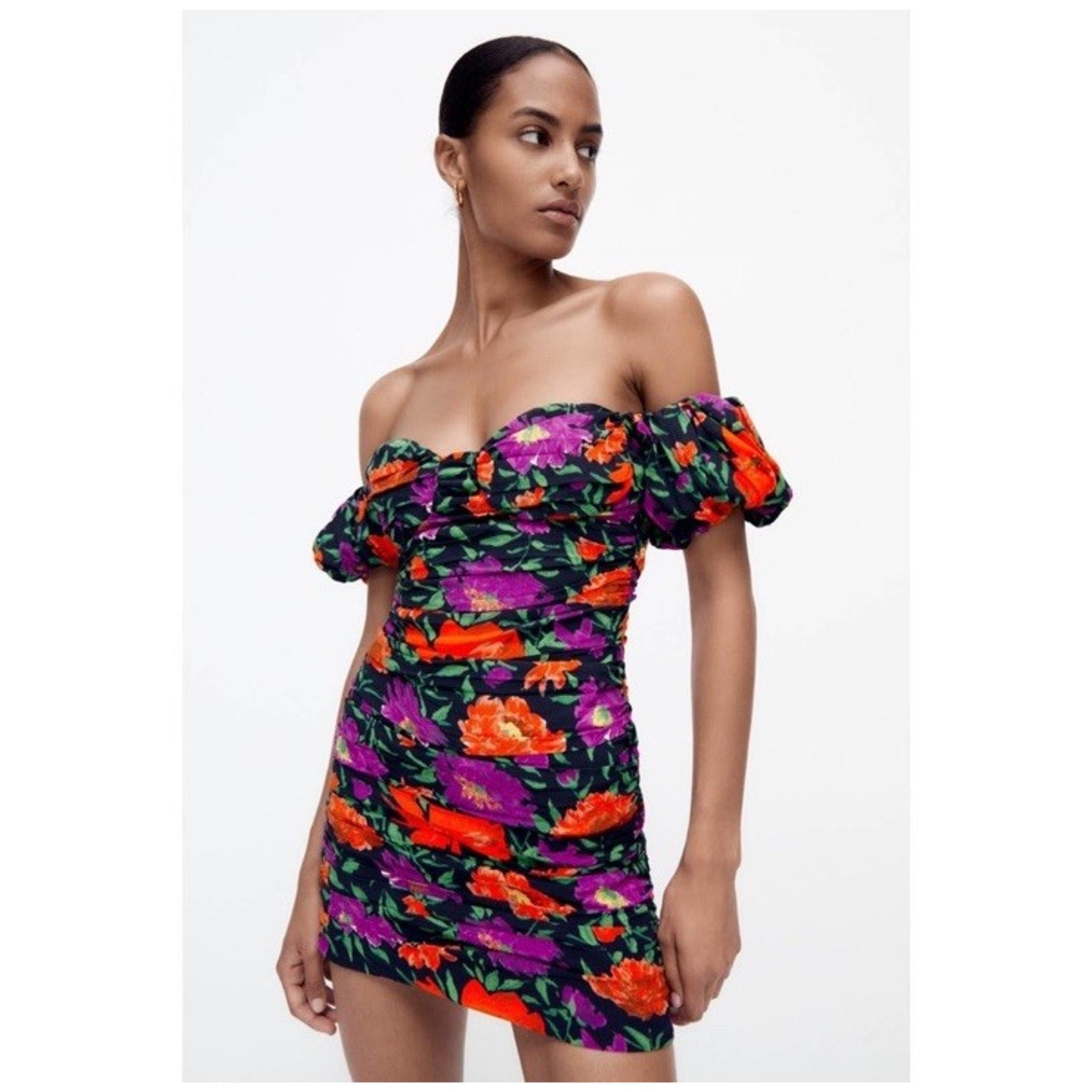Zara Floral Off The Shoulder Puff Sleeve Ruched Bodycon Mini Dress Size Large