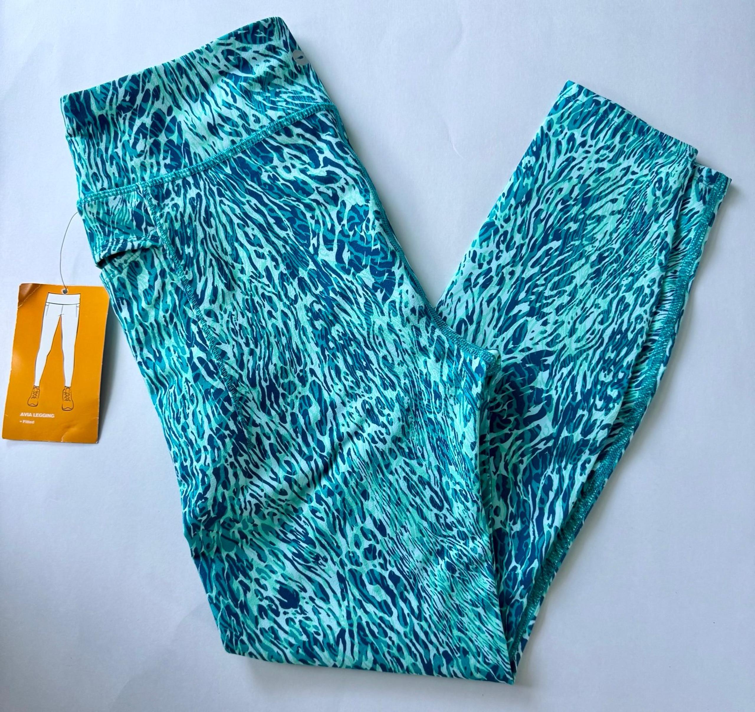 AVÍA Women’s Sz L (12-14) Green Print Stretch Pockets Athletic Leggings Pants