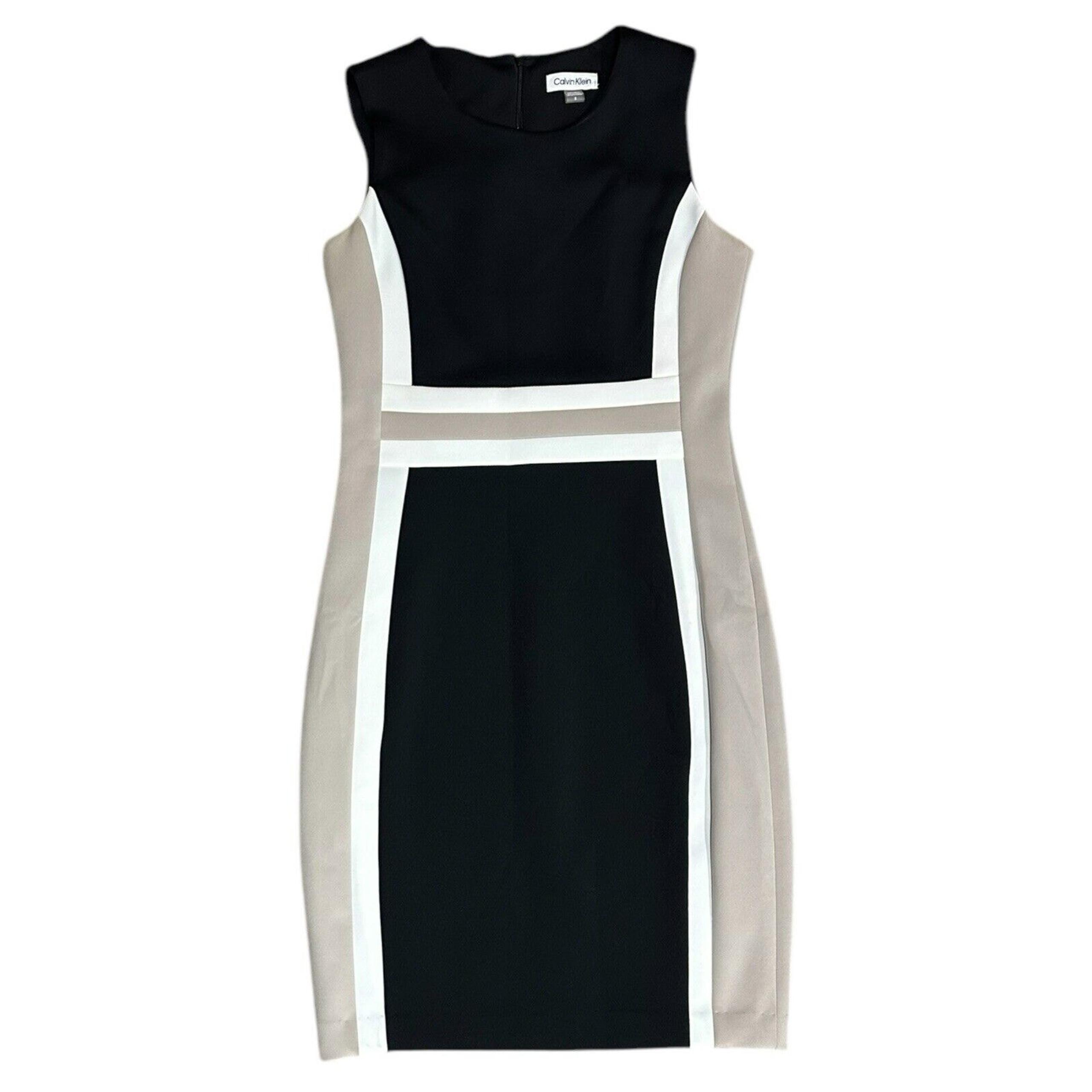 Calvin Klein Size 8 Colorblock Scuba Black Beige White Sleeveless Sheath Dress