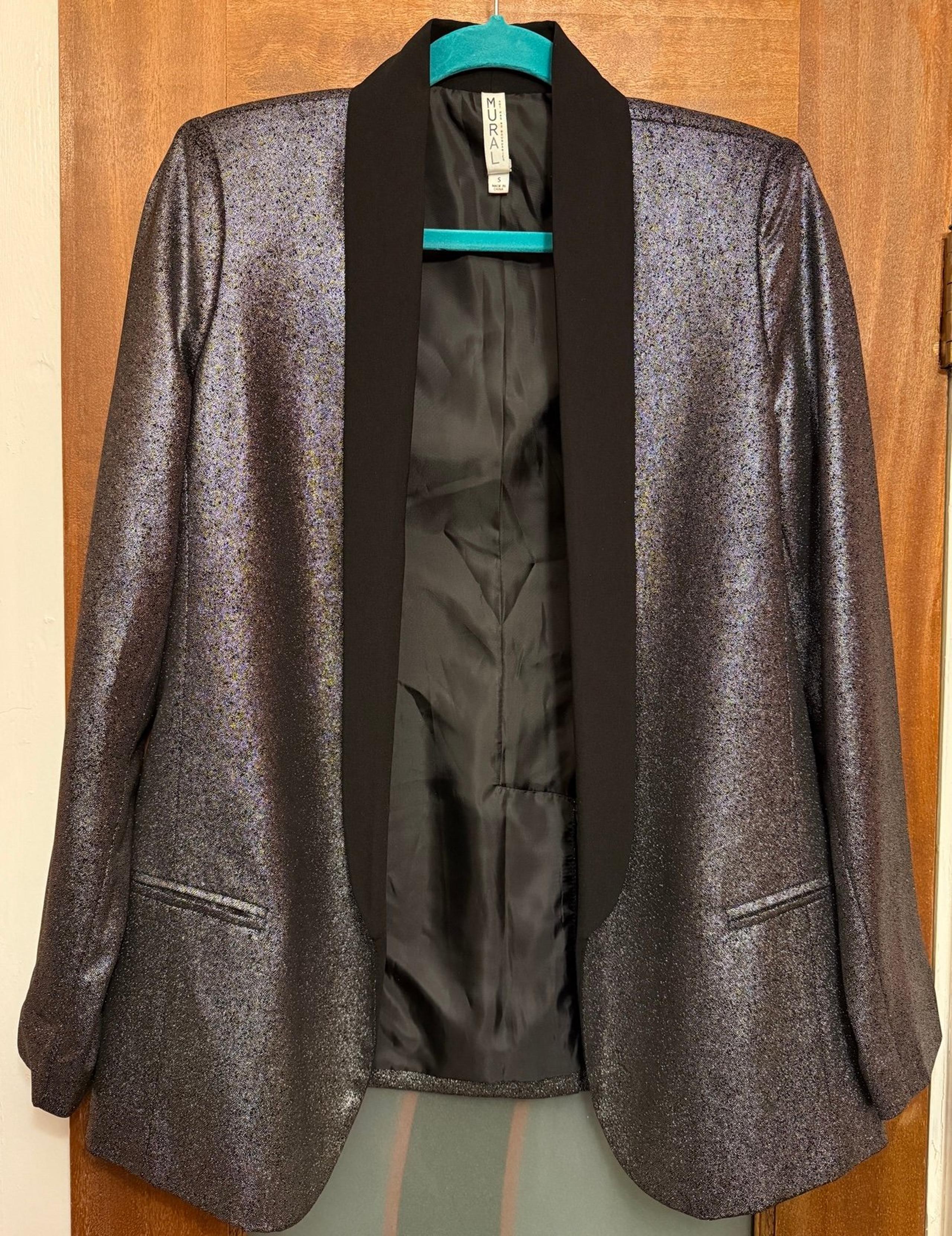 Mural Women Shawl Collar Silver Metallic Tuxedo Blazer Jacket NWOT- small