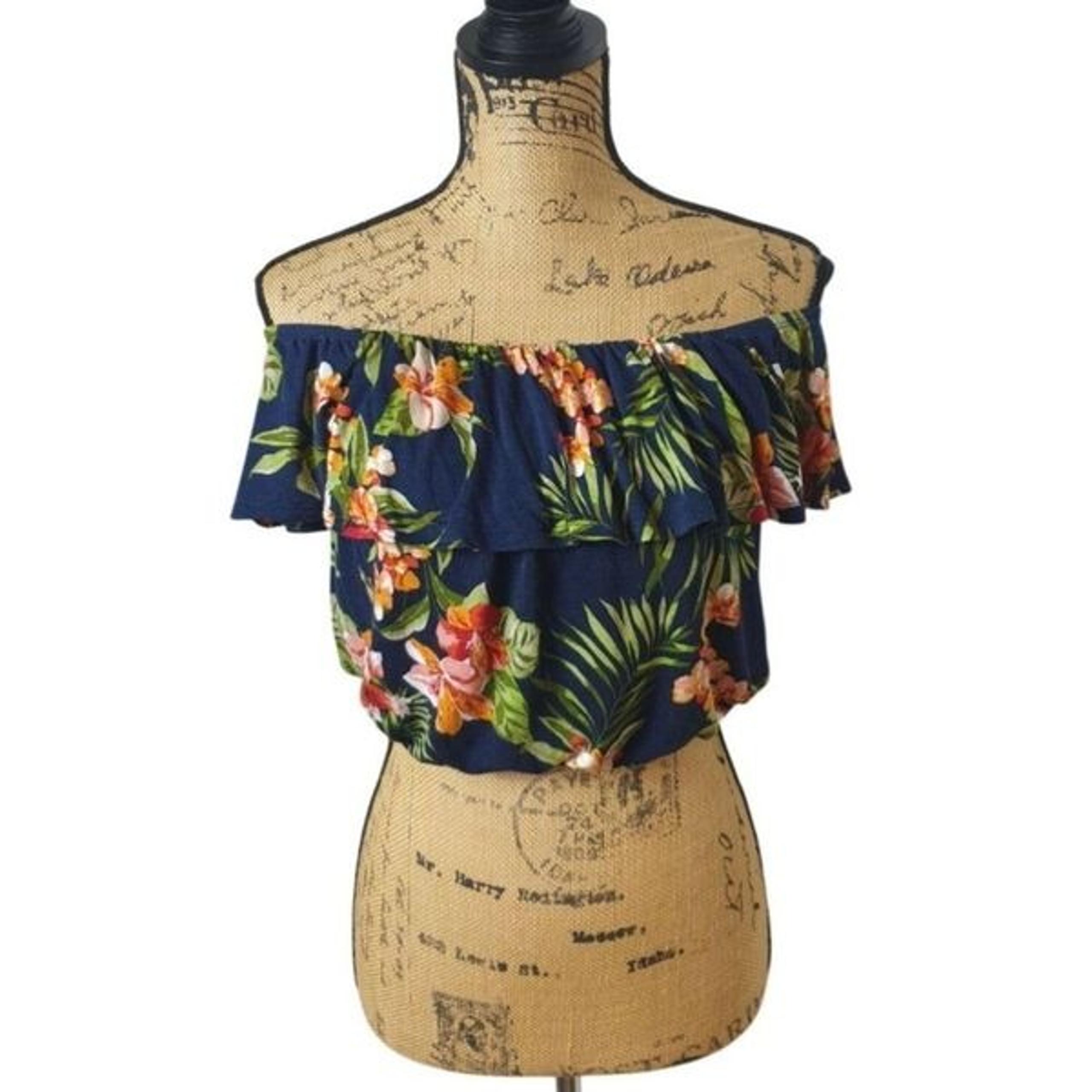 Papaya Womens Off-Shoulder Crop Top M Floral Ruffle Tropical Resort Hawaiian