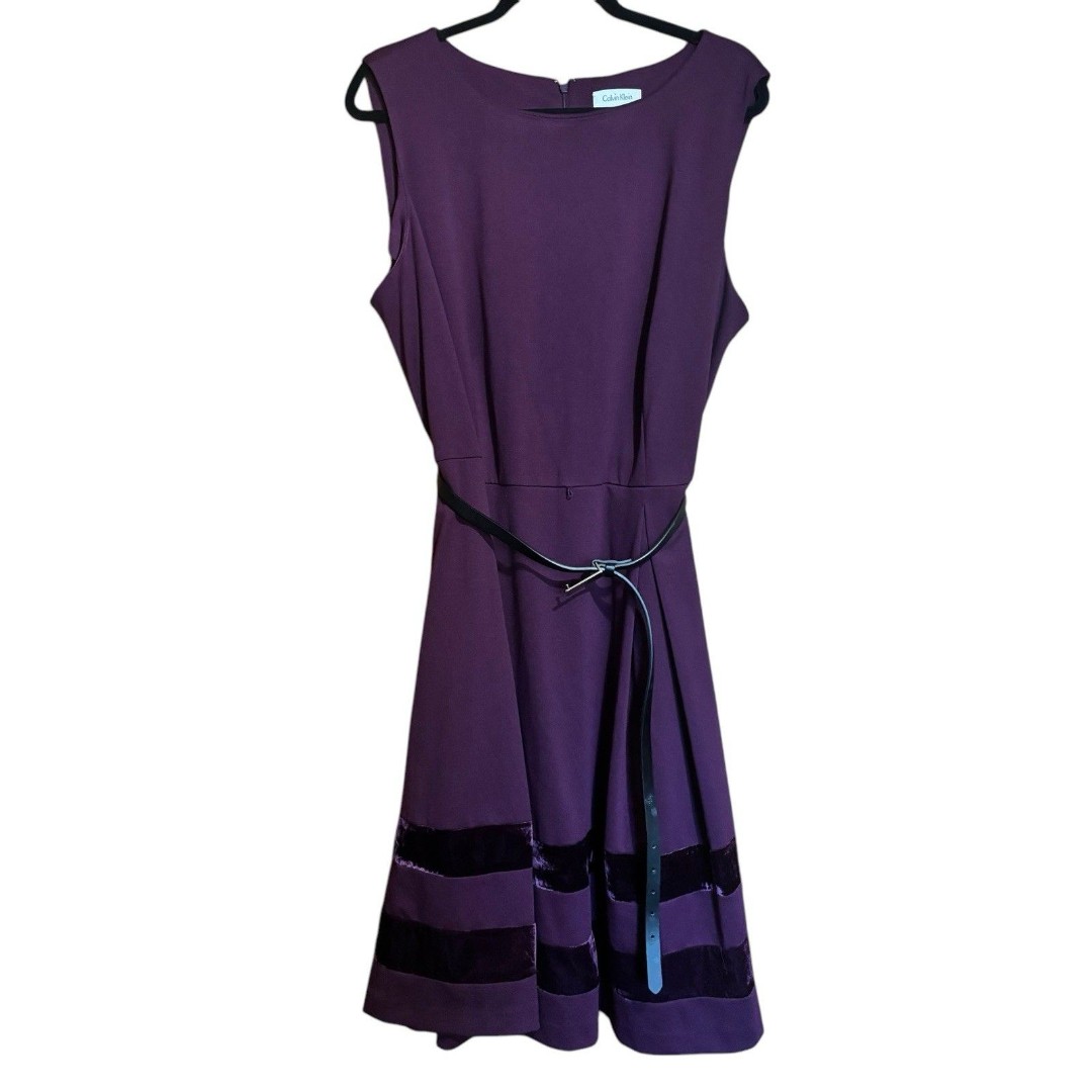 Calvin Klein Fit & Flare Belted Cocktail Dress Womens 18W Purple Sleeveless