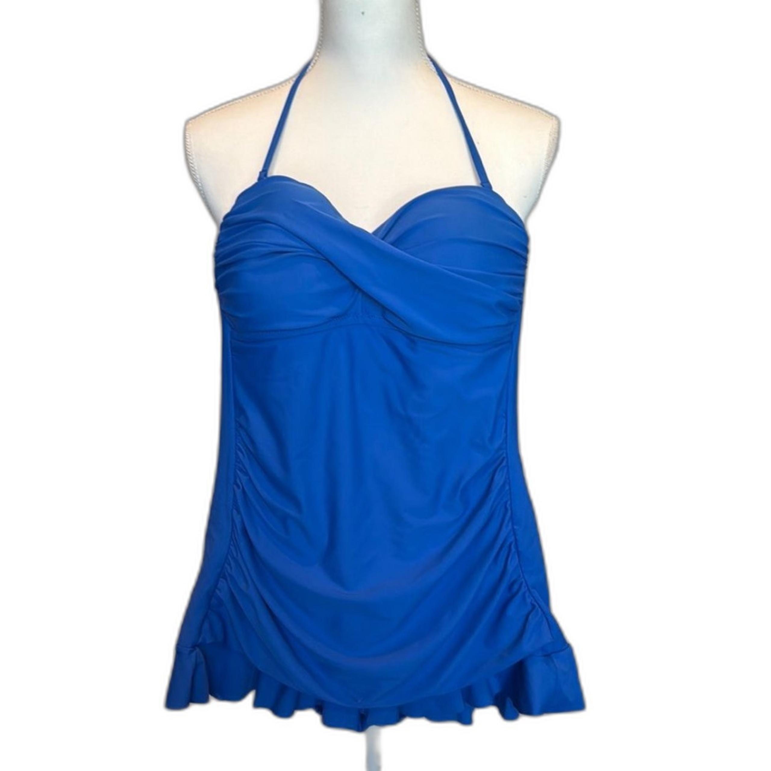 Kenneth Cole Reaction Size 6 Ruffled One Piece Swimsuit Blue Halter Strap