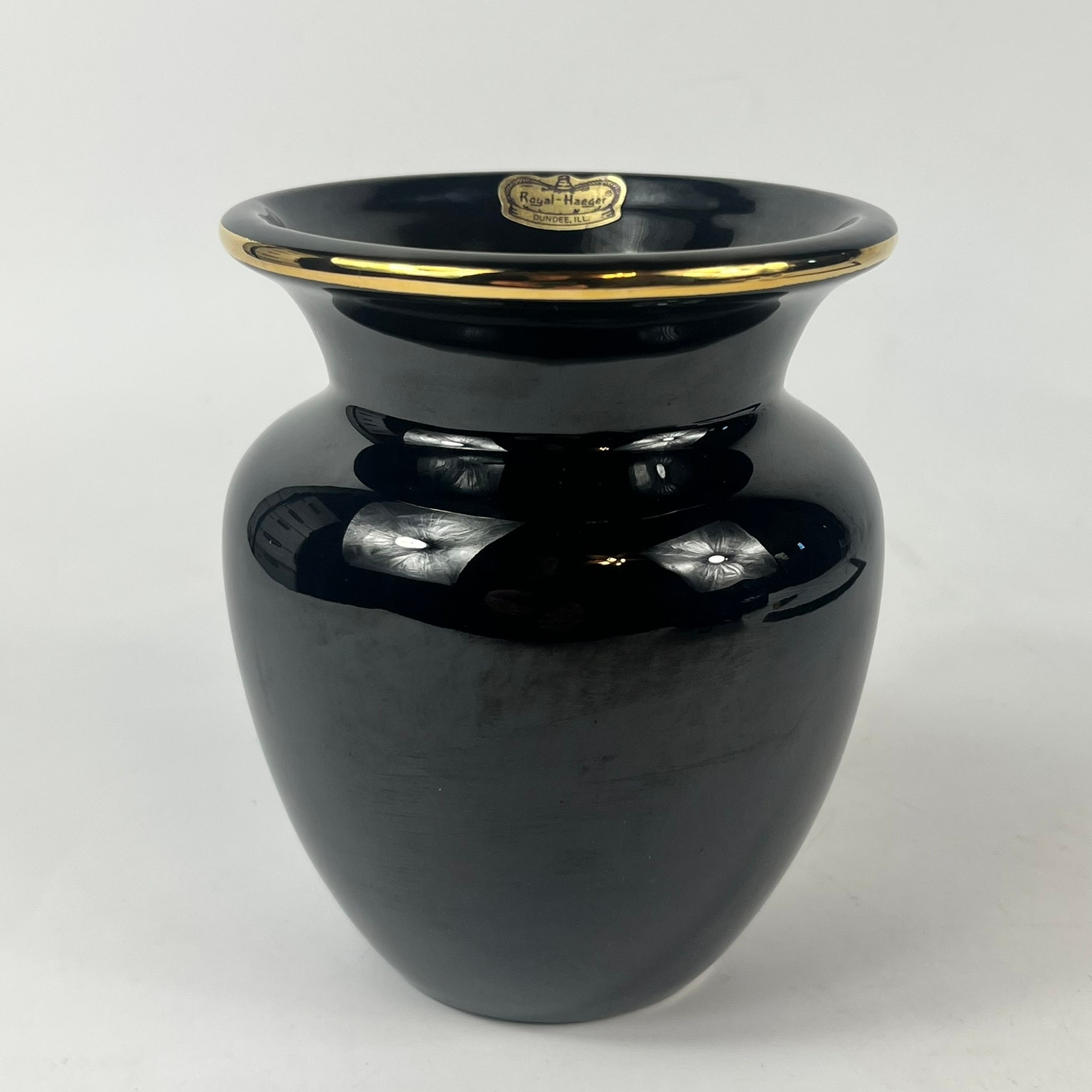 Royal Haeger Navy Blue Vase Gold Rim Ceramic Pottery Collector MCM Statement Lux