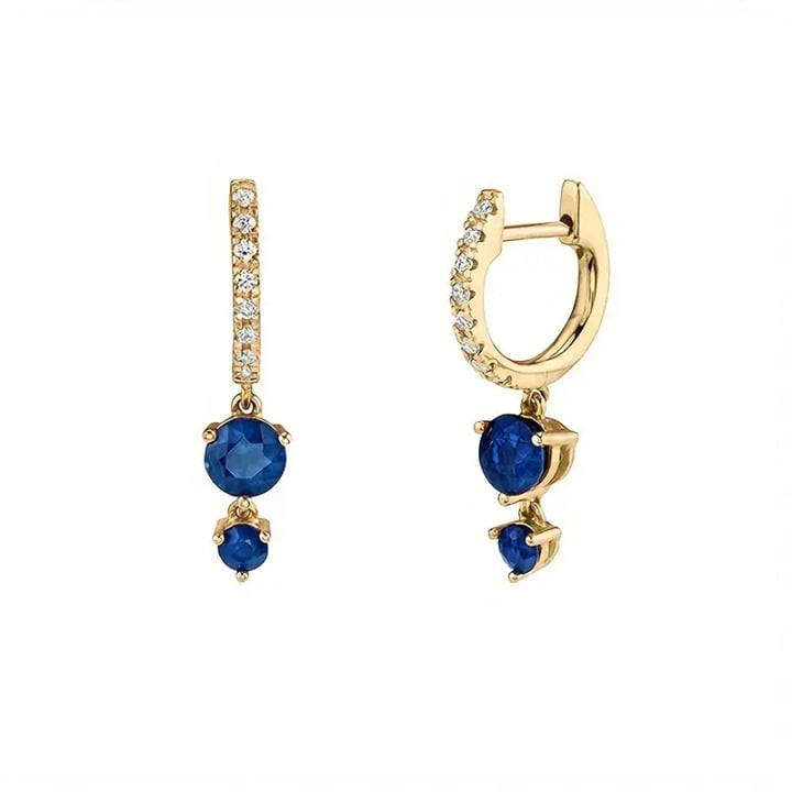 14K Gold Womens 2ct Blue Sapphire 1ct Diamond Hanging Drop Gemstone Earrings NEW