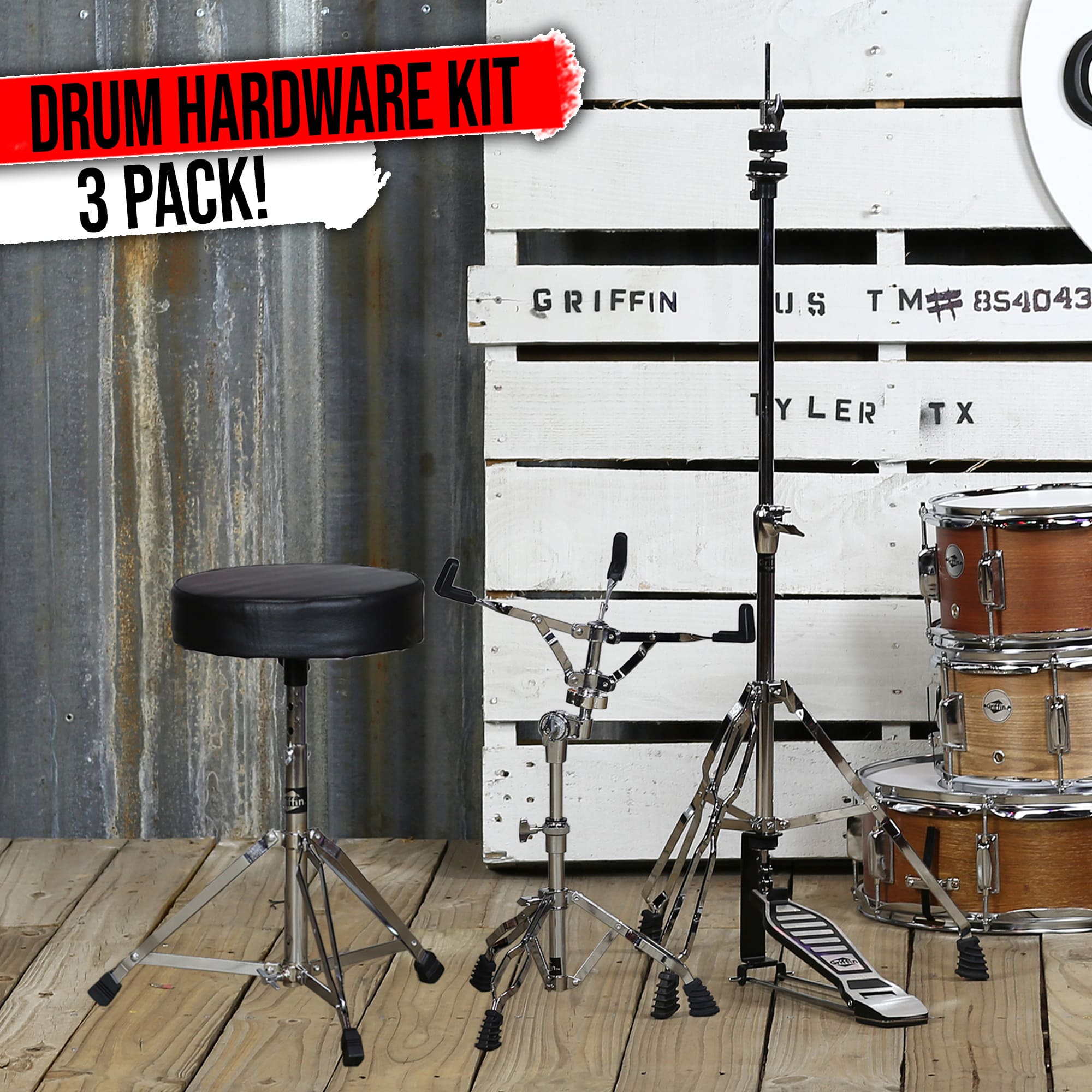3-PACK Hi-Hat Pedal, Snare Drum Stand & Drummers Throne | GRIFFIN Percussion Kit
