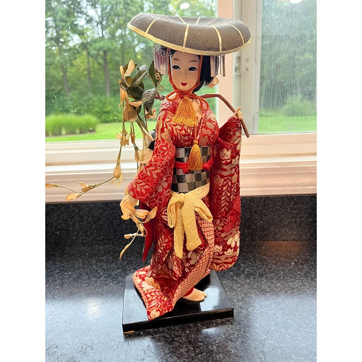 Vtg 1960's Nishi Japanese Geisha Doll 18 Black Lacquer Wood Stand Hand Painted