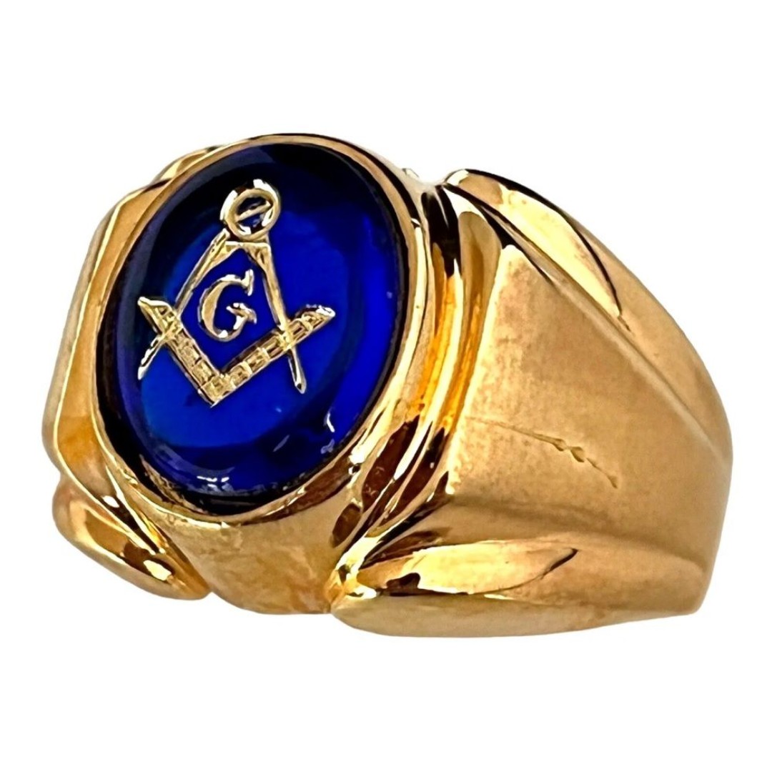 Vintage Masonic Ring Size 7 Freemason Etched Blue Glass 4Q