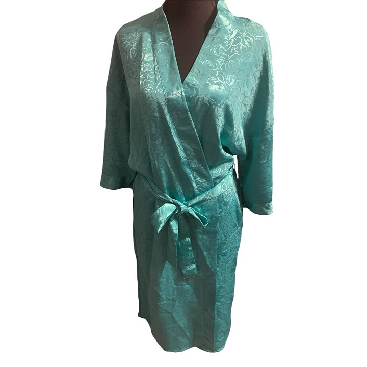 Vtg Ashley Amos Women's Long Sleeve Green Light Weight Robe Satin Feel Size S