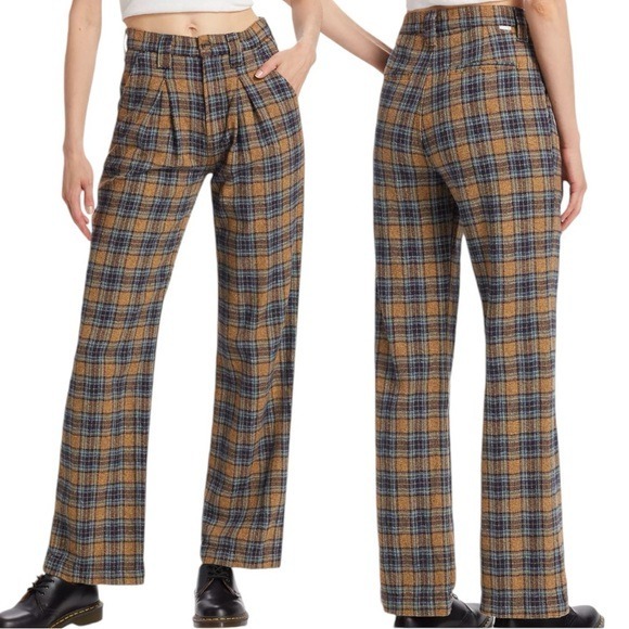 NWT Mother Denim Pleated Maven Prep Sneak Trousers In Delta Dawn Plaid size 26