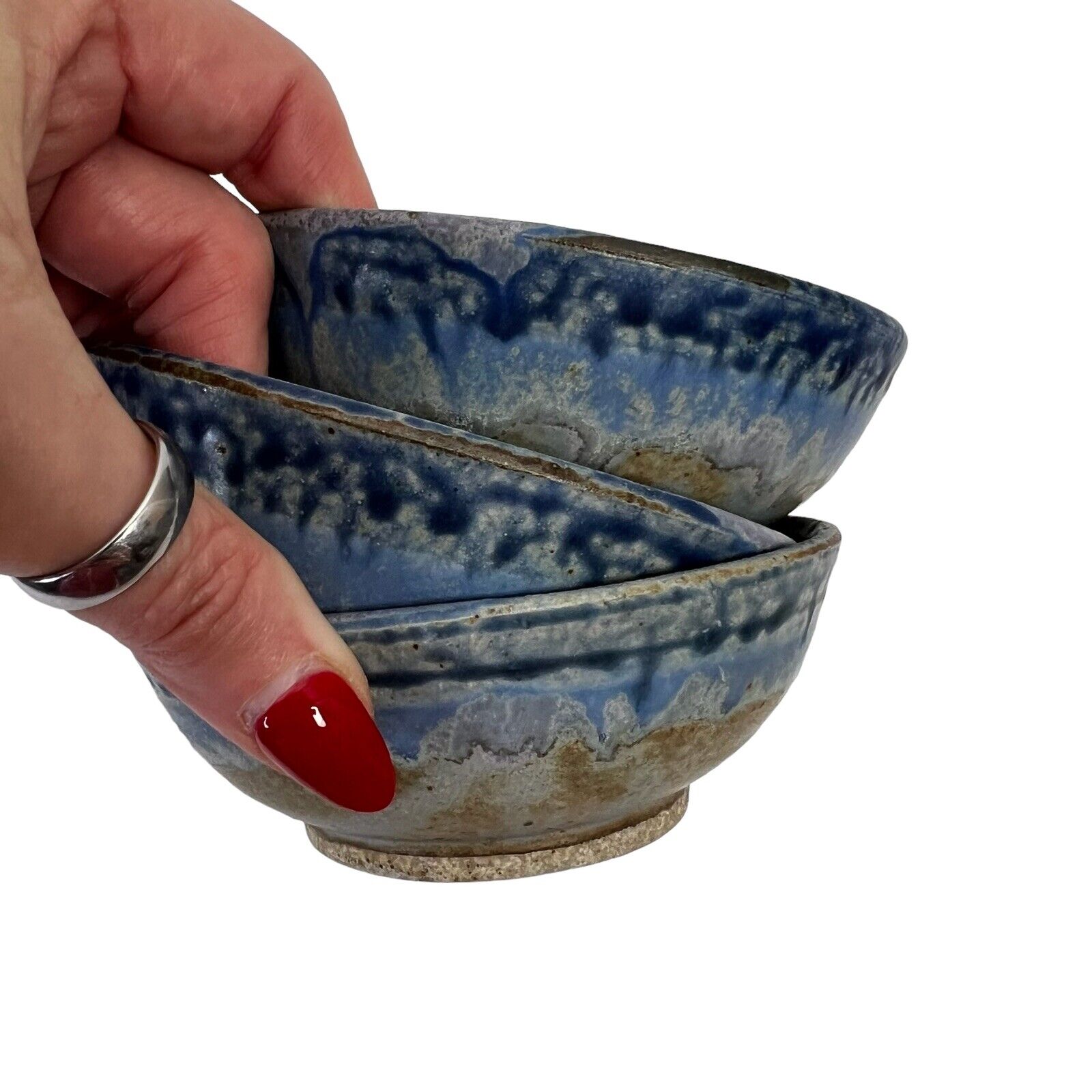 Studio Pottery Blues Drip Glaze Artist Signed Stoneware Bowls Lot Of 3