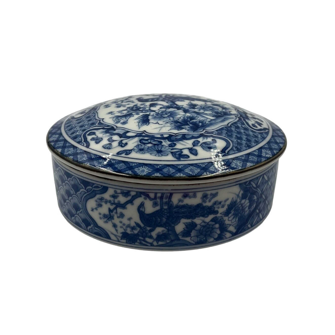 Vintage Porcelain Andrea by Sadek Blue Candy Trinket Dish Lid Peacock Japan